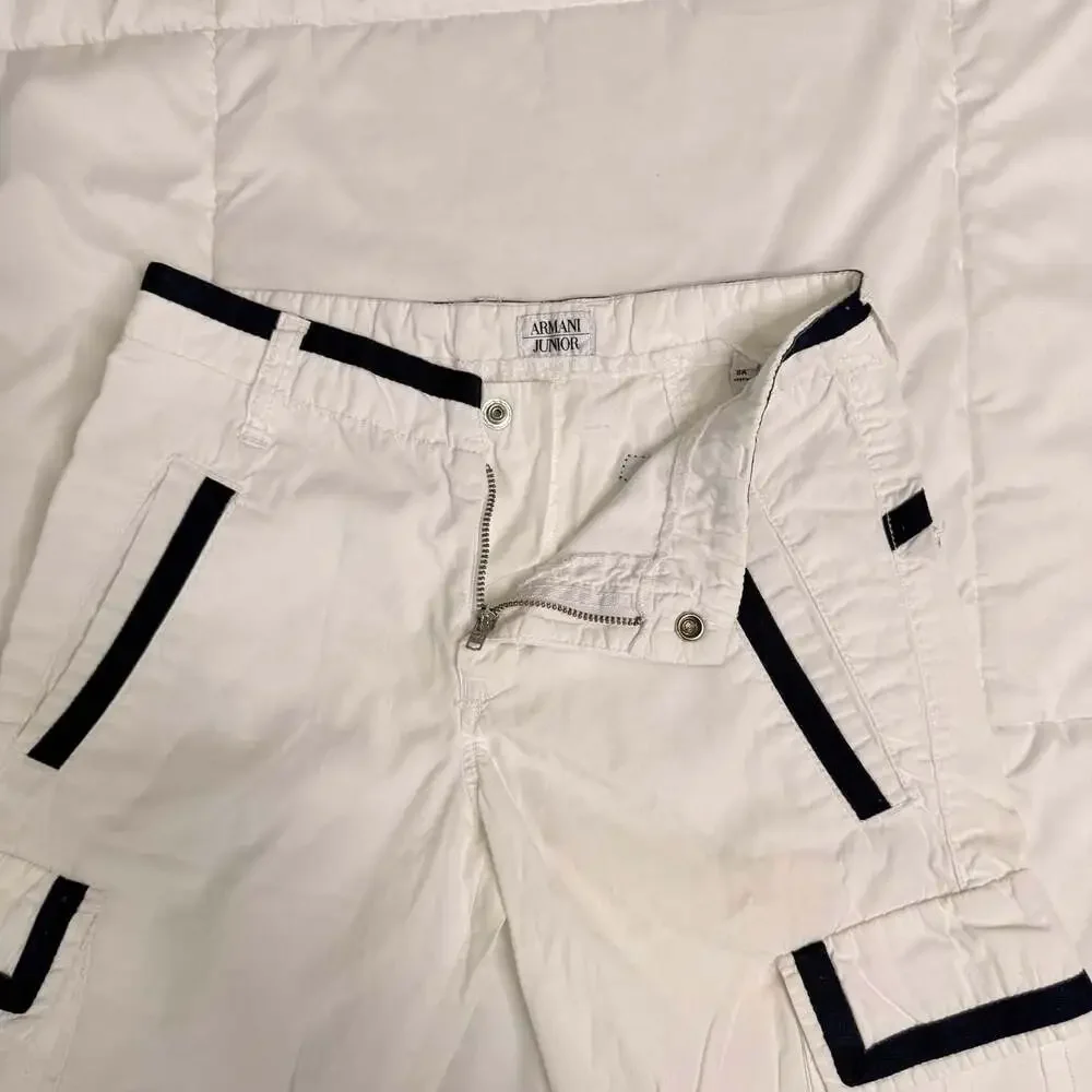 Armani Junior Boys White Cargo Shorts Navy Trim A Jr Logo Size 8A 130cm